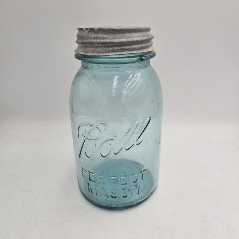 Vintage Ball Perfect Mason #8 Blue Aqua Glass Jar Zinc Lid Antique Canning 1923